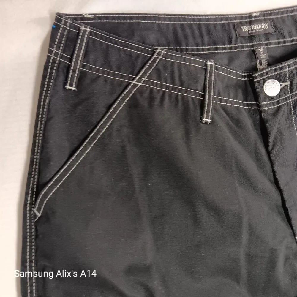 True Religion Cargo Pants Jet‎ Black White Stitch 108335R Mens Size 36